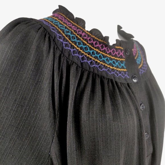 Vintage 1970s 80s Black Mexican Folk Dress Rainbow Smocking Cotton Gauze BOHO Br - Picture 4 of 16